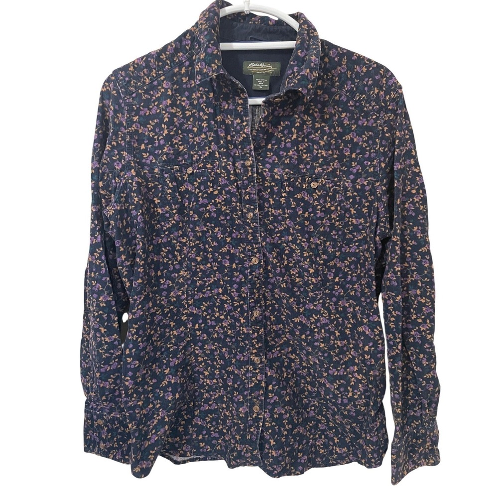 Eddie Bauer Womens XL Navy Blue Floral Corduroy Button Down Shirt Fall Winter